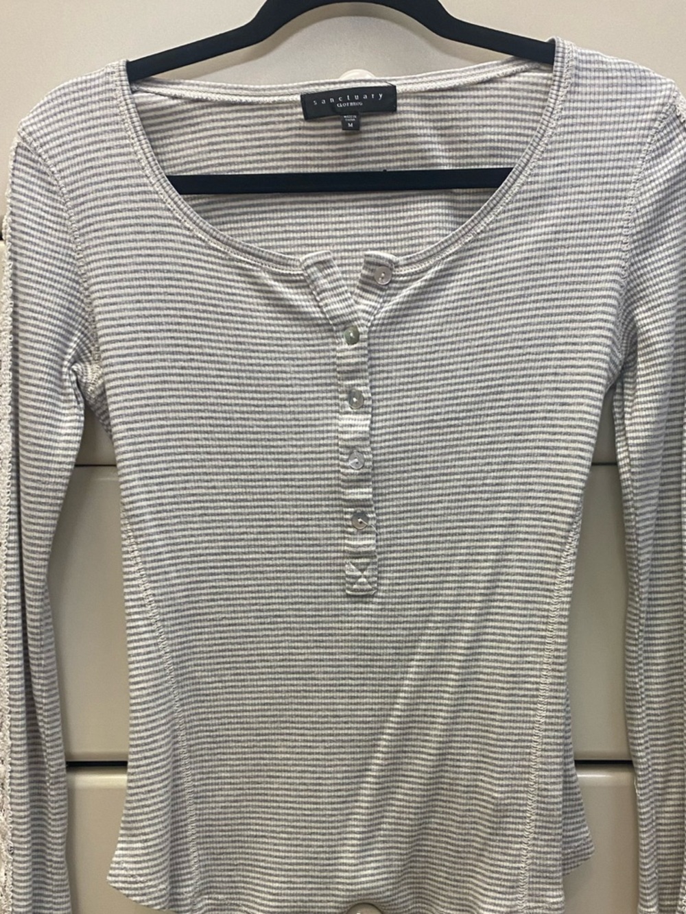 Sanctuary Striped Ribbed Henley Long-Sleeve Top in Light Gray and White